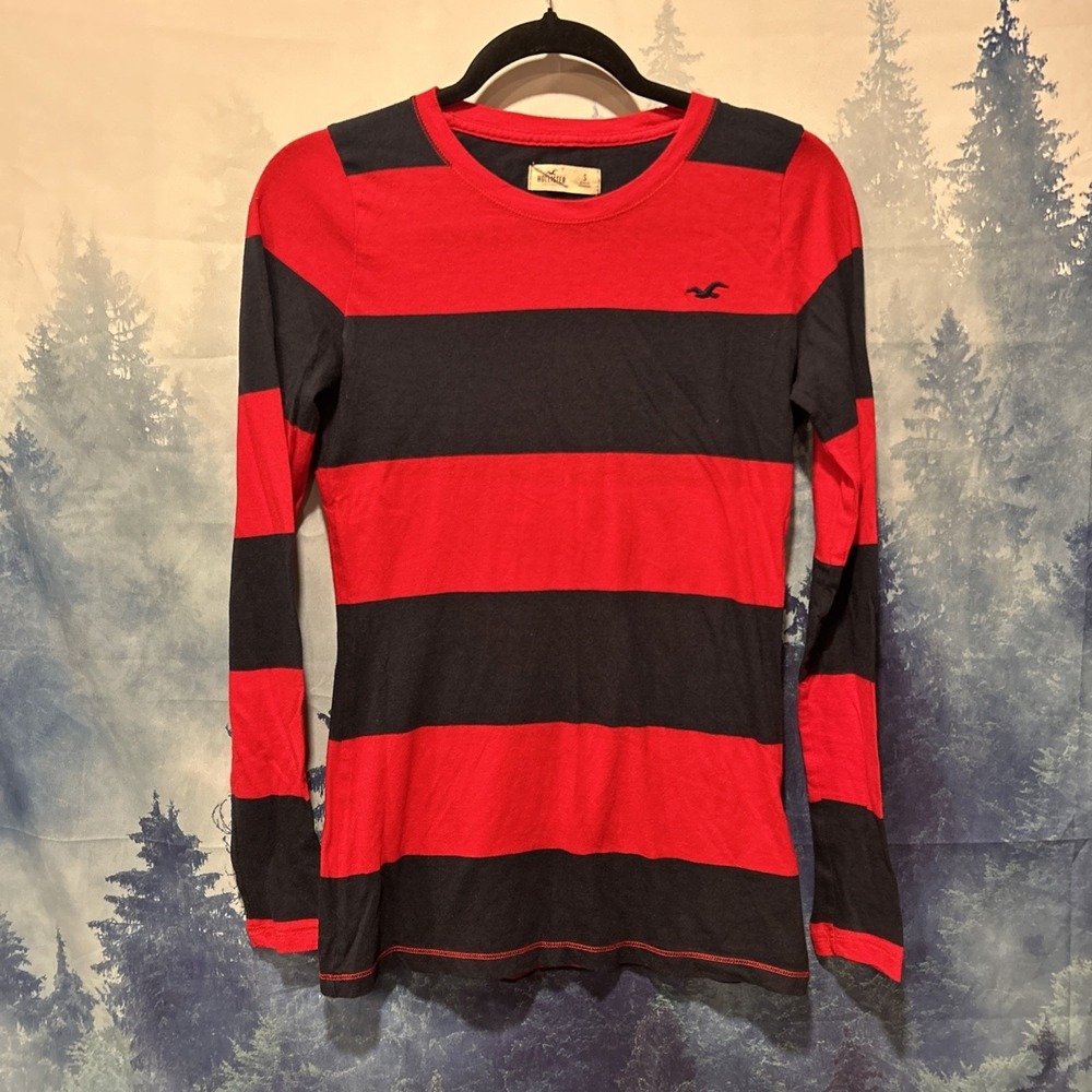 Hollister Womens Red Navy Blue Striped Long Sleeve Shirt Size Small‎